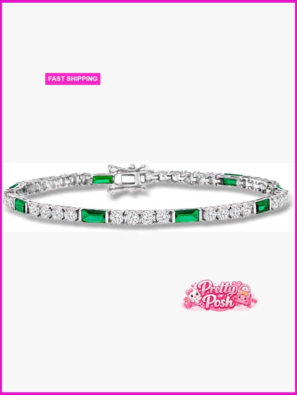 3.70 ct CZ & Simulated Emerald Tennis Bracelet Sterling Silver 7.5"